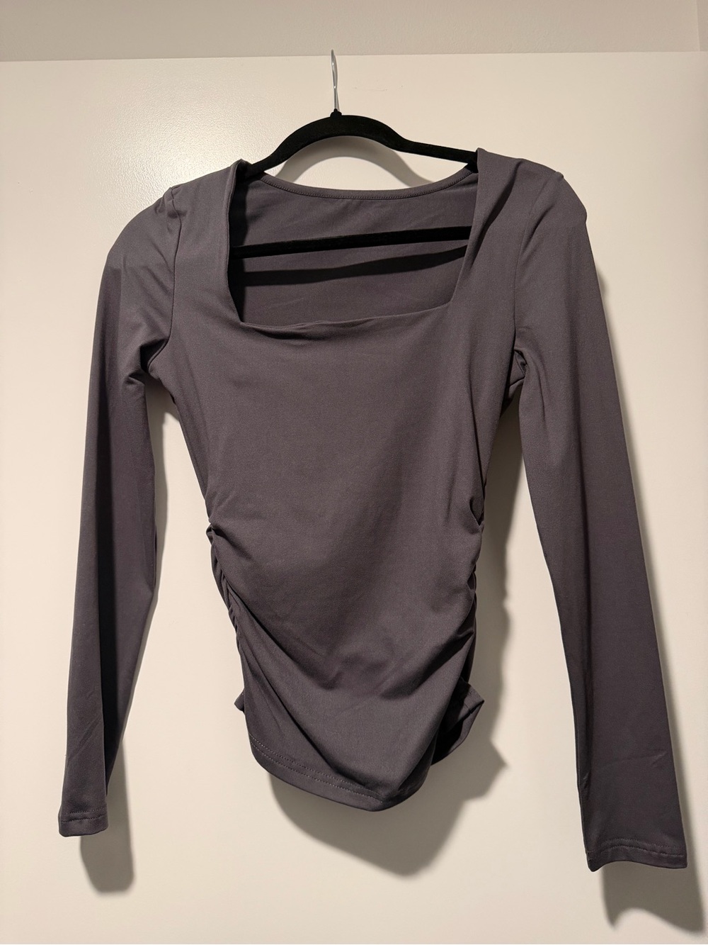 Square Neck Long Sleeve Ruched Top - Charcoal Gray